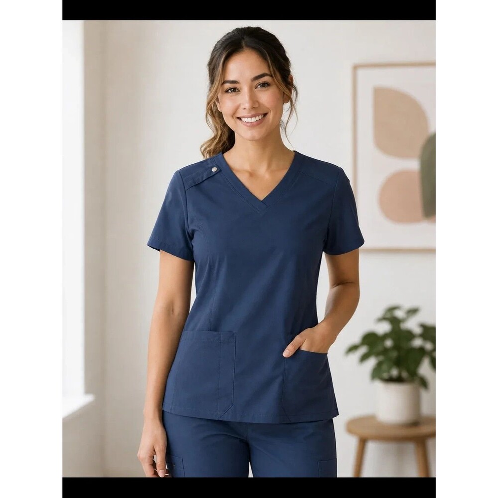HALARA Short Sleeve Scrub Top M Dark Gray Stretch V-Neck Pockets NWT B99